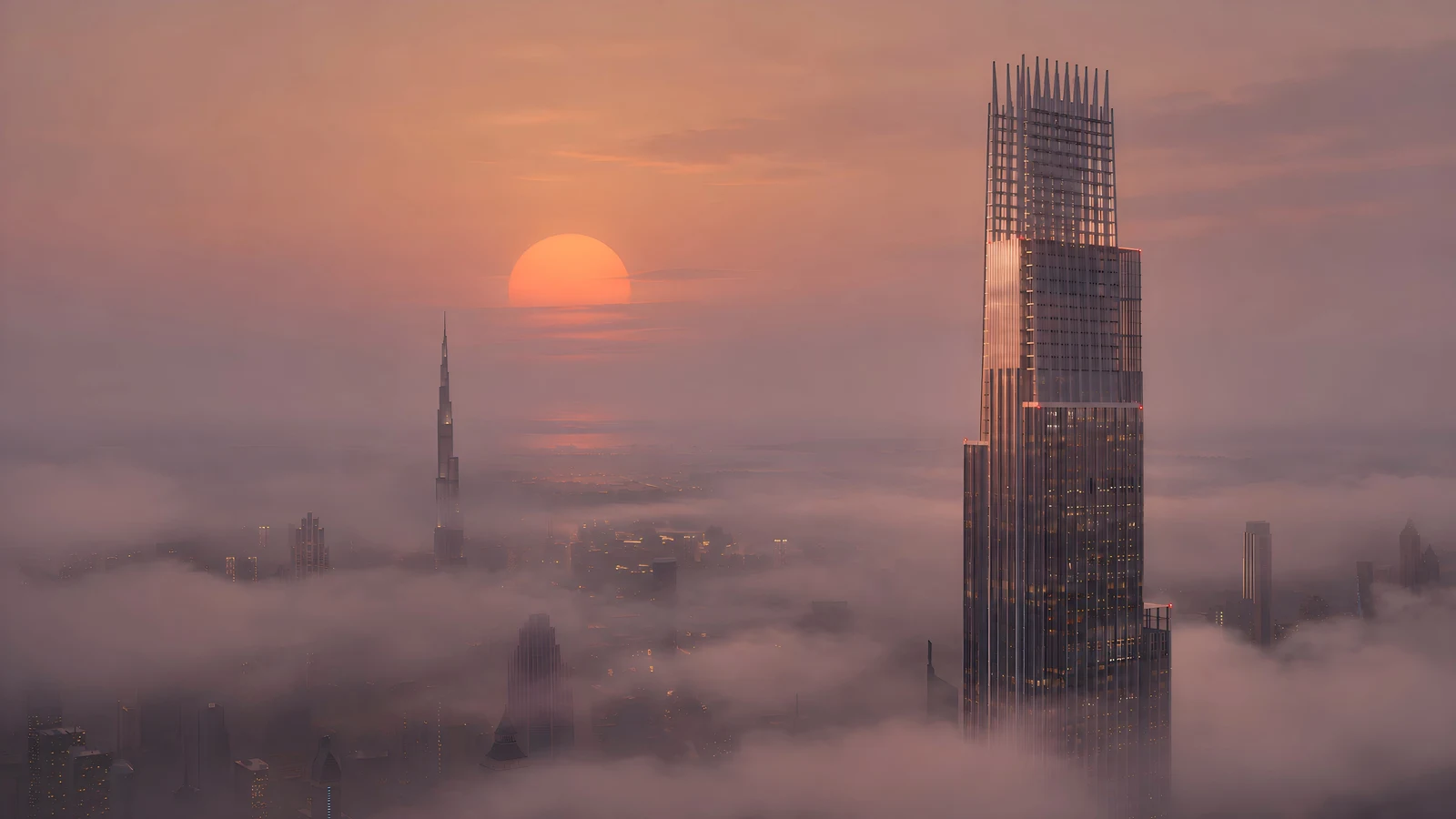 Architectural visualization of a tower above the clouds at sunset